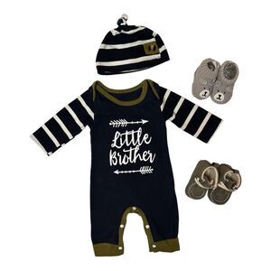 NB Little Brother Baby Outfit 4 Piece Set | Graphic Romper, Hat & Booties